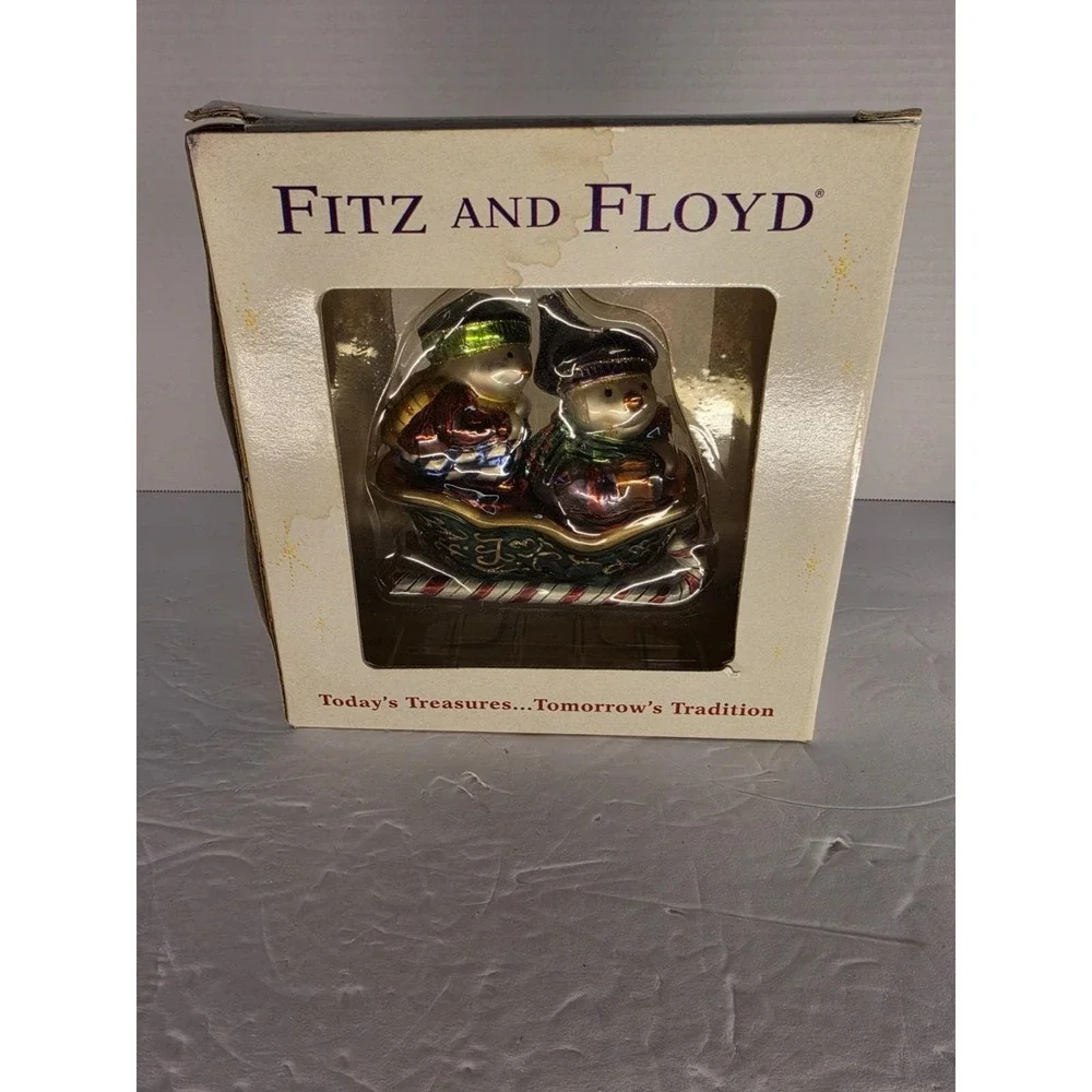 Fitz and Floyd Snowmen Sleigh Christmas Ornament Glass Holiday Decor w/ Box